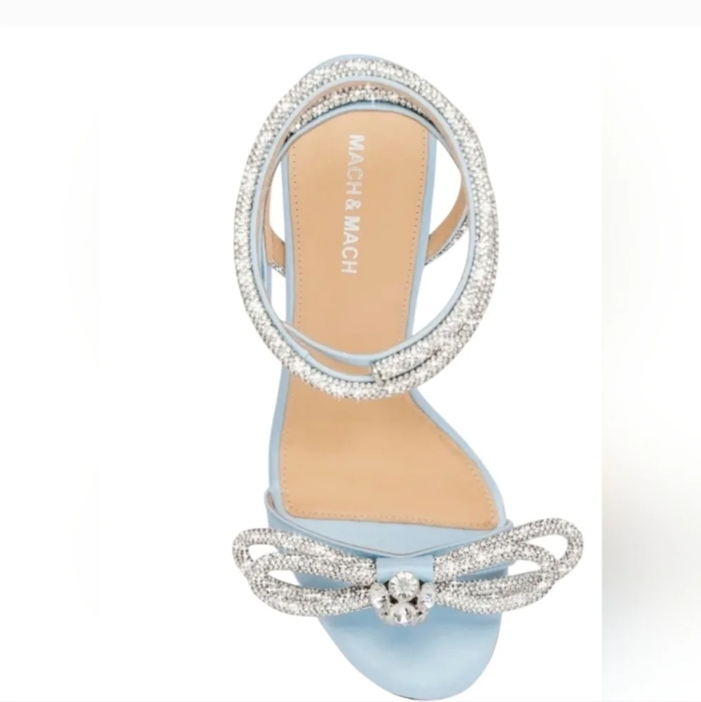 NIB MACH & MACH | Double Bow Round Toe Satin Sandals Heels Pumps Blue Sz 10B 40